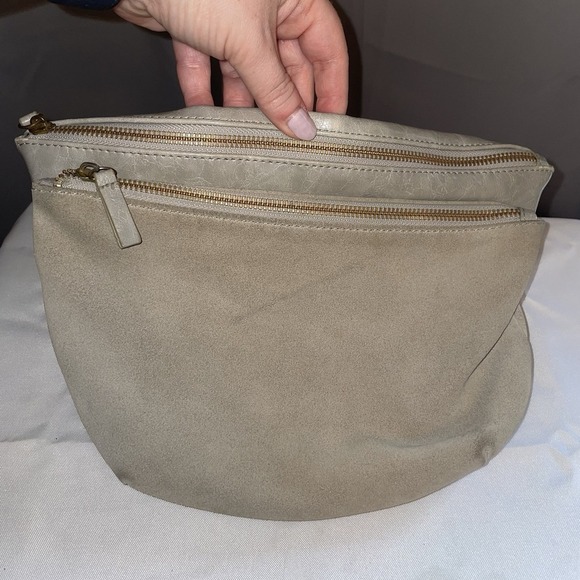Anthropologie Vegan Leather Suede Crossbody Bag Purse Double Pouch Tan Gray - Picture 2 of 16